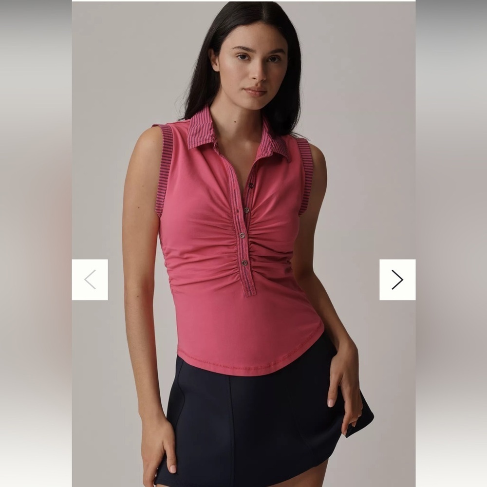 Pilcro Varsity Polo Top Size Small Pink Sleeveless Partial Button Up Pullover